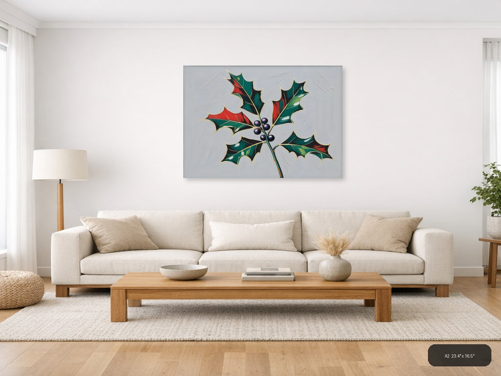 Holly Berries Christmas Botanical Illustration Wall Art — A2 / Living Room