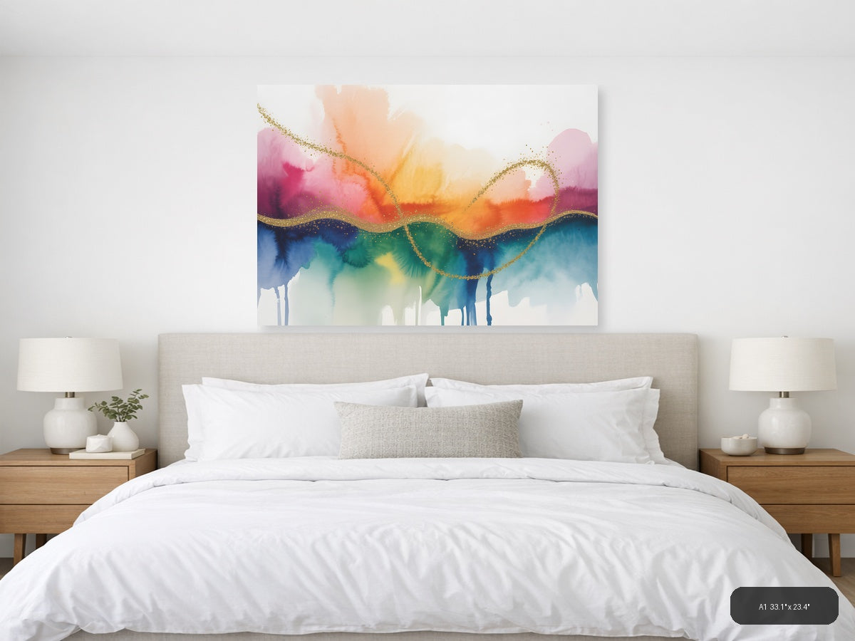 Rainbow Watercolor Landscape with Gold Wave Lines Wall Art — A1 / Bedroom