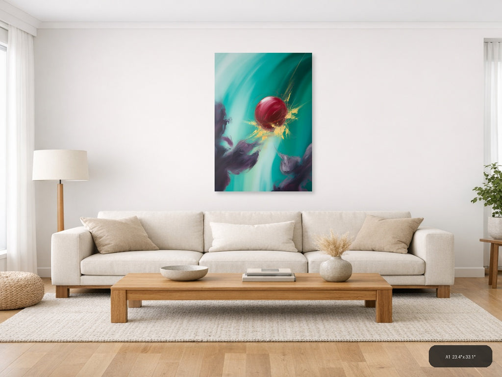 Abstract Red Sphere Turquoise Splash Modern Wall Art — A1 / Living Room