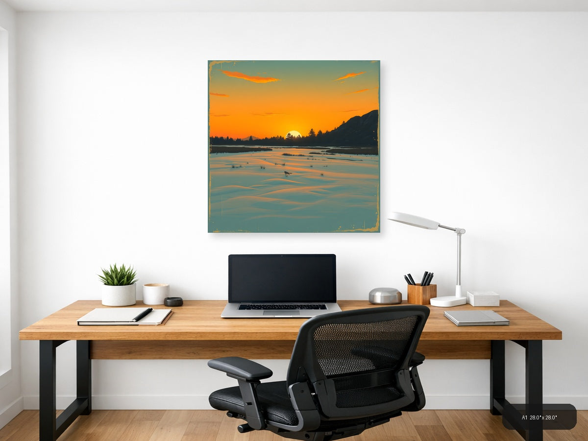 Vintage Sunset Over Frozen Lake - Landscape Wall Art — A1 / Office