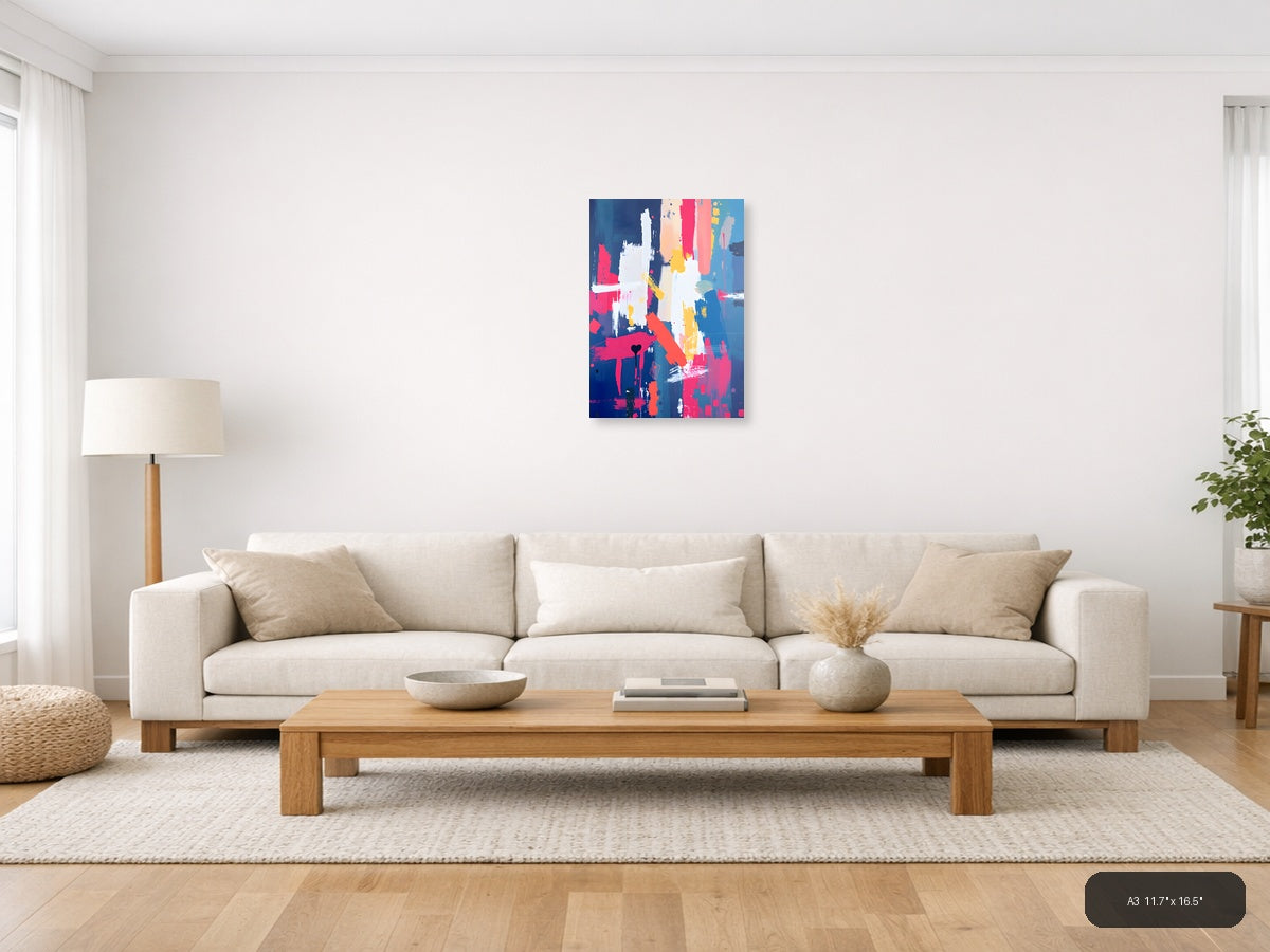 Vibrant Abstract Paint Splatter Blue Pink Yellow Wall Art — A3 / Living Room