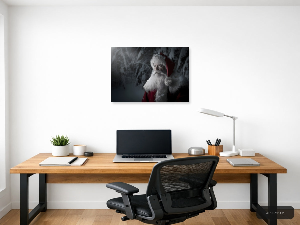 Santa in Snowy Forest Portrait Photography Wall Art — A3 / Office