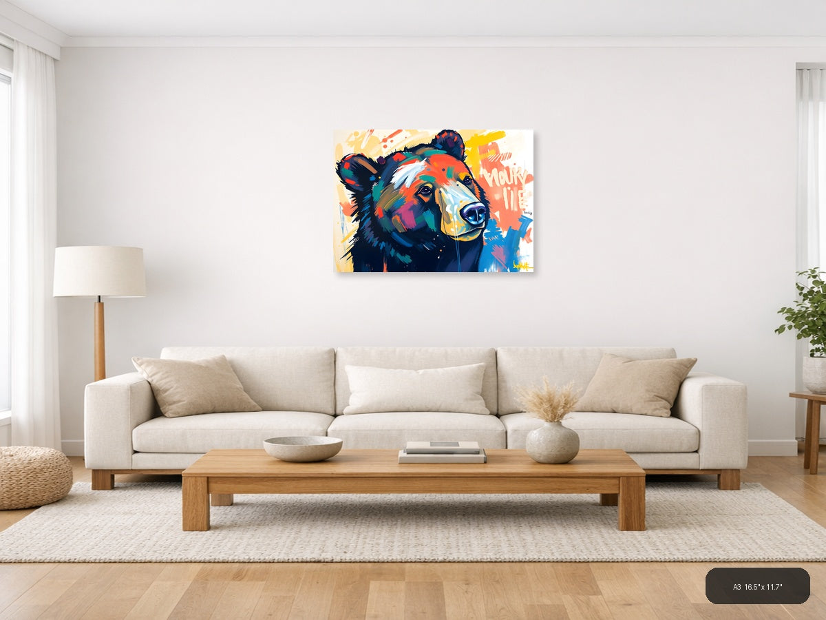 Colorful Abstract Bear Portrait Modern Wall Art — A3 / Living Room