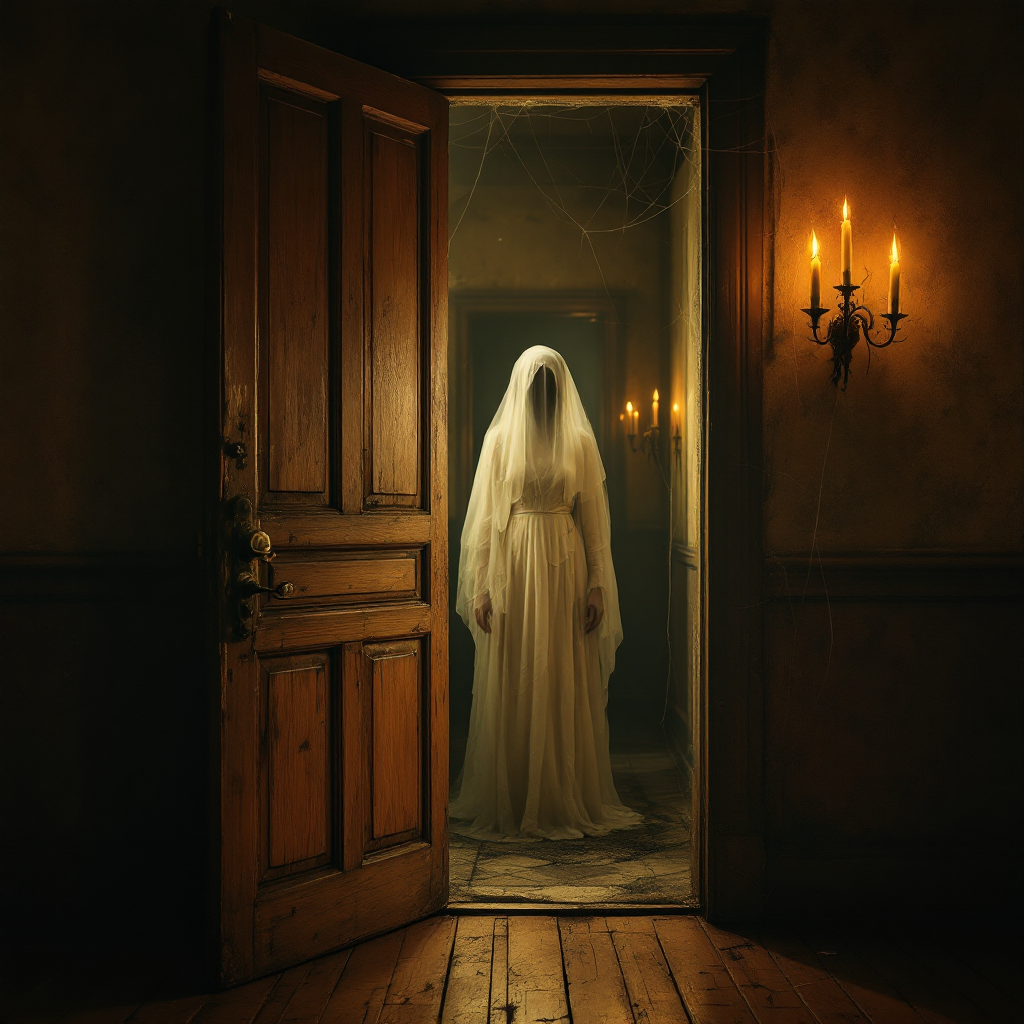 Ghostly Figure in Candlelit Hallway Vintage Wall Art