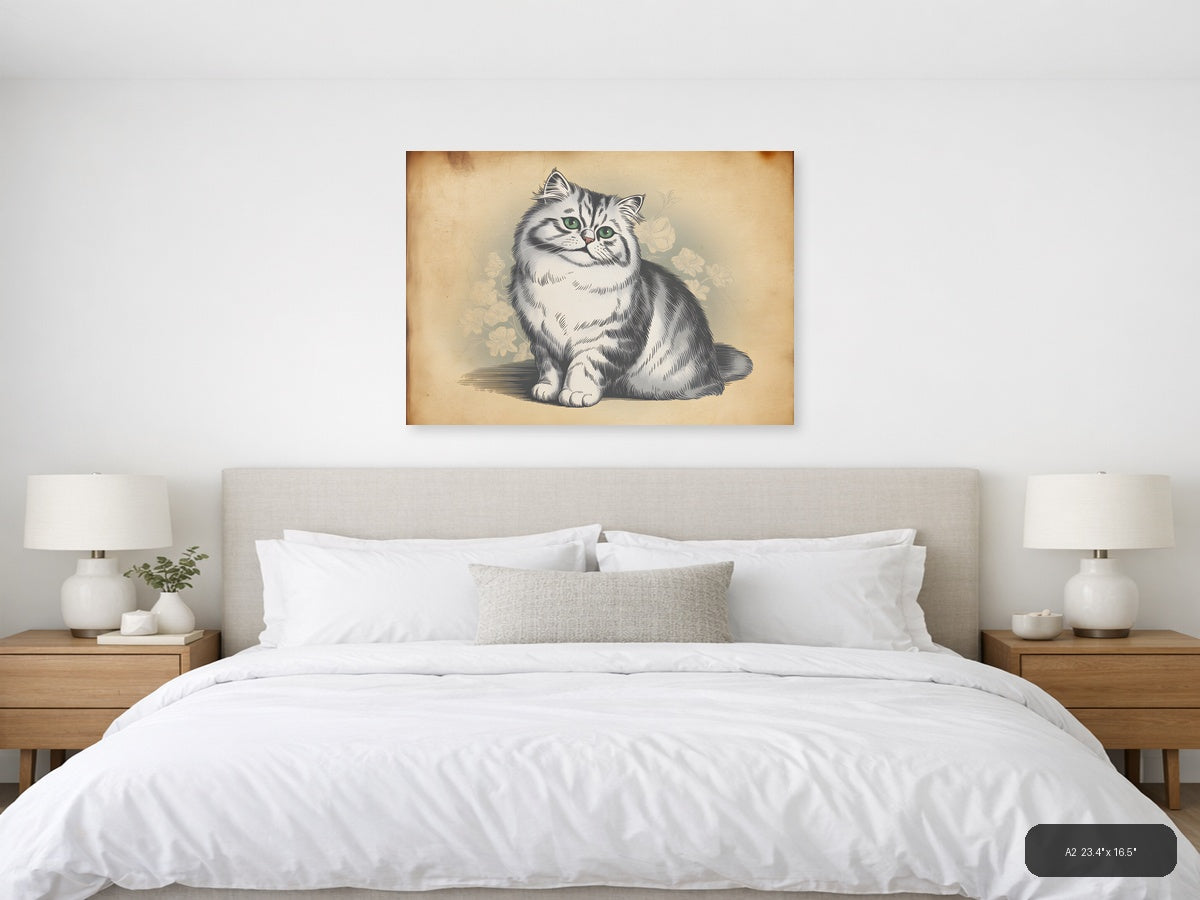 Vintage Fluffy Cat with Green Eyes Illustration Wall Art — A2 / Bedroom
