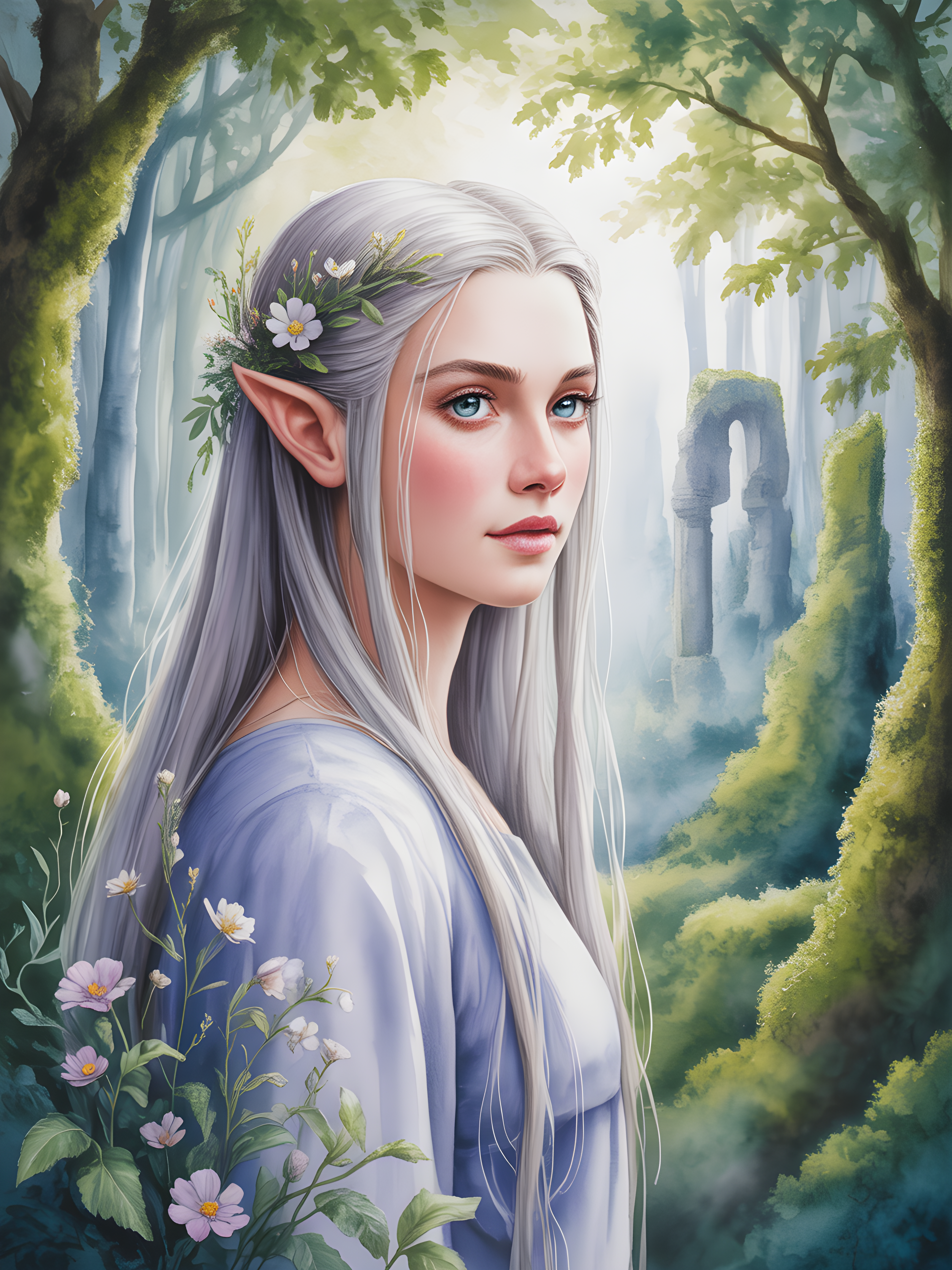 Elven Forest Maiden Watercolor Portrait Wall Art