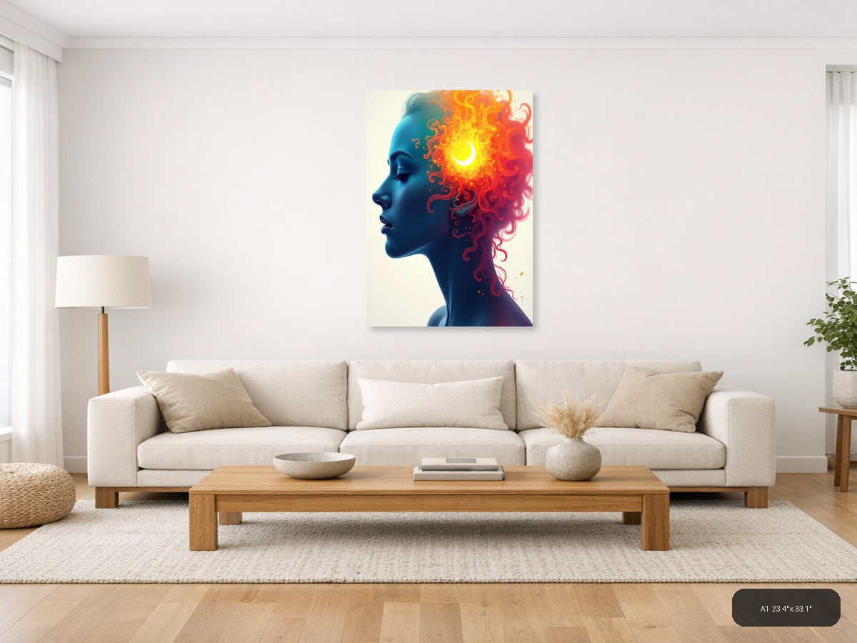 Blue Profile with Fiery Cosmic Energy Abstract Wall Art — A1 / Living Room