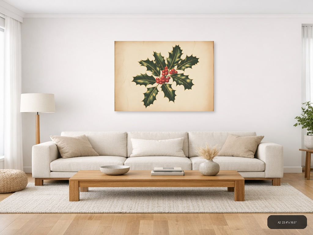 Vintage Holly Berries & Leaves Botanical Wall Art — A2 / Living Room
