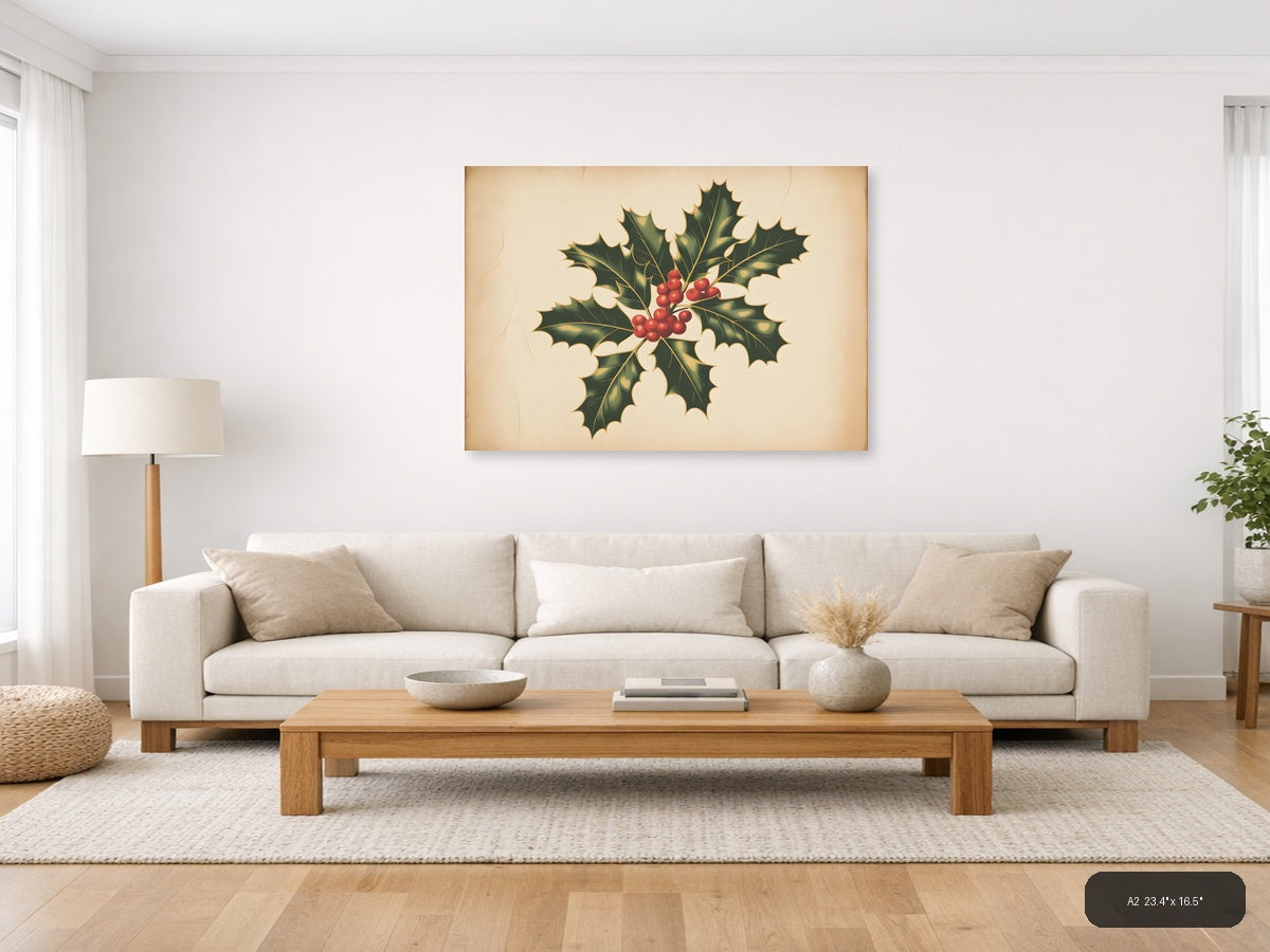 Vintage Holly Berries & Leaves Botanical Wall Art — A2 / Living Room