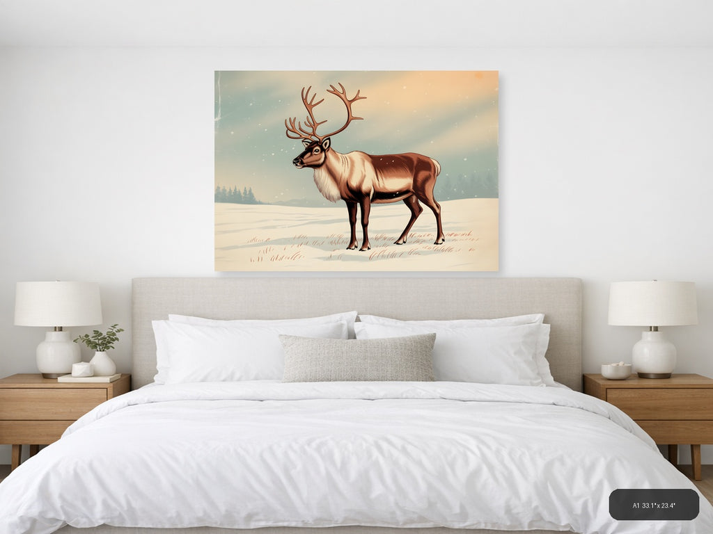 Vintage Reindeer in Snow Landscape Wall Art — A1 / Bedroom