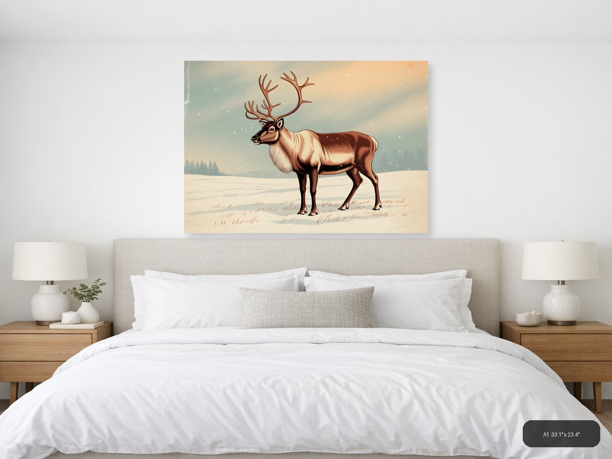 Vintage Reindeer in Snow Landscape Wall Art — A1 / Bedroom