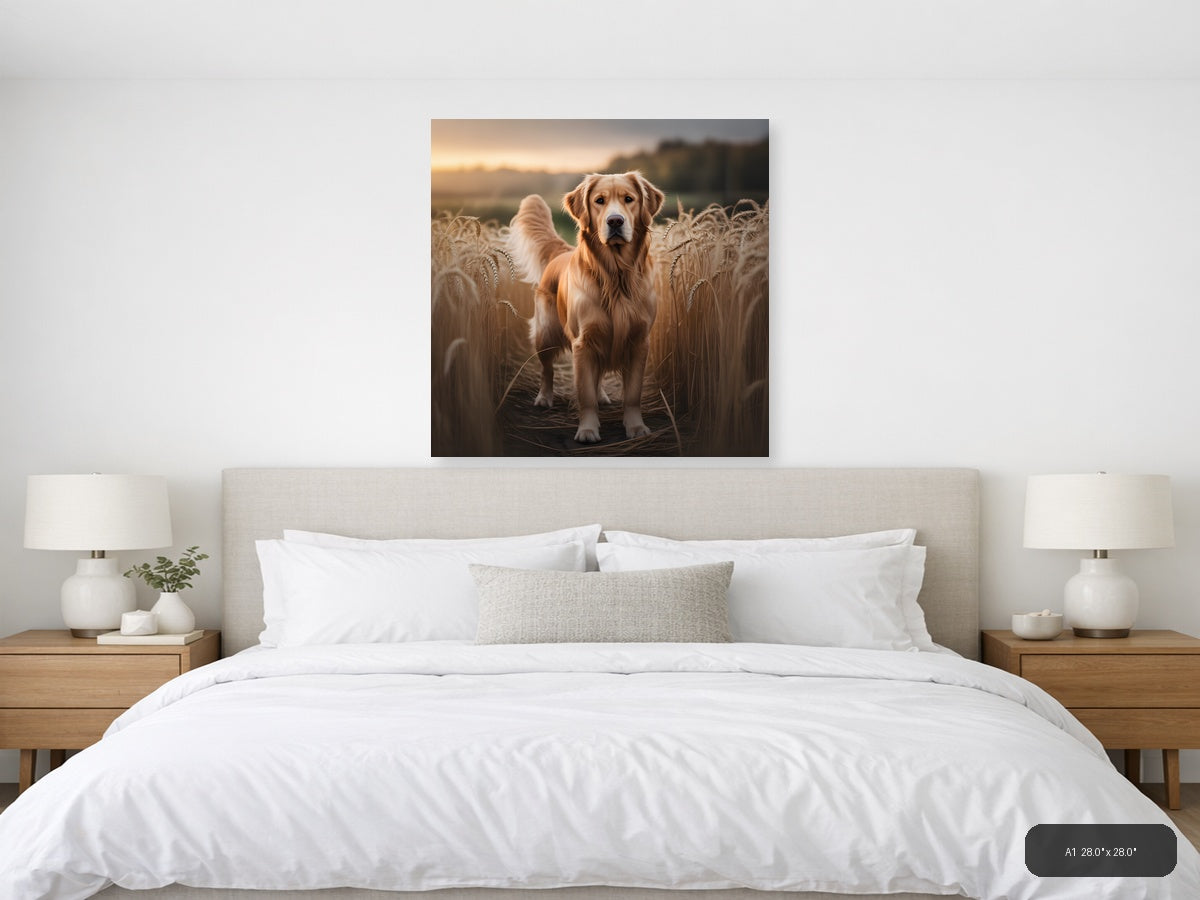 Golden Retriever in Wheat Field at Sunset Photography Wall Art — A1 / Bedroom