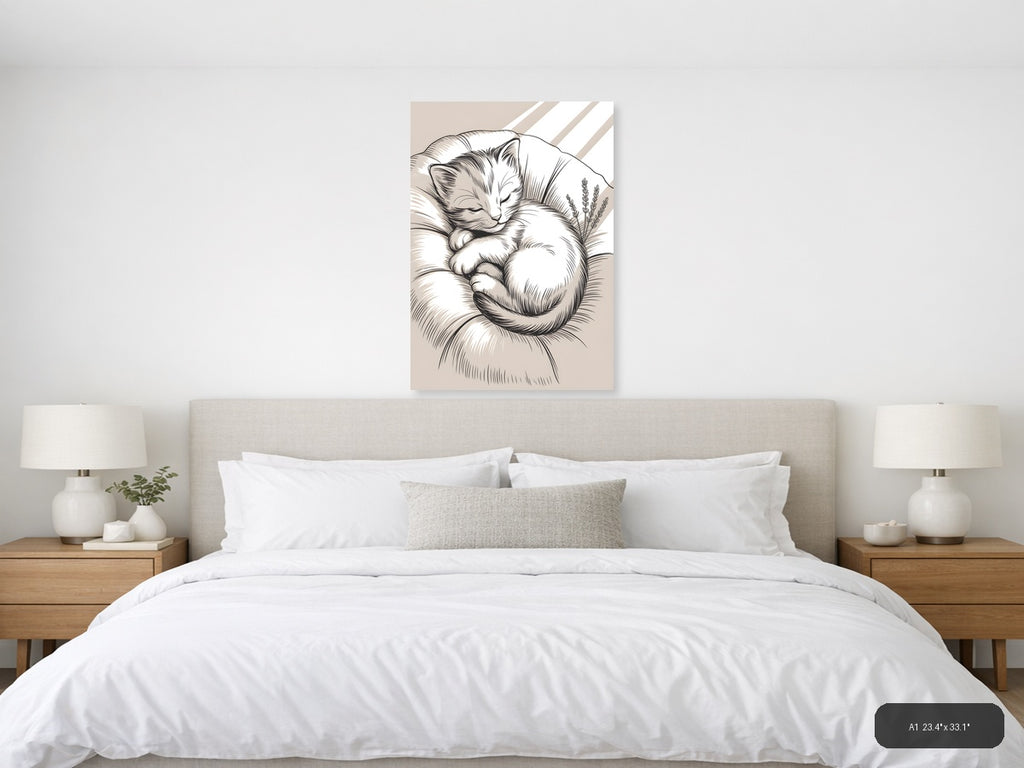 Sleeping Cat with Lavender Line Art Wall Art — A1 / Bedroom