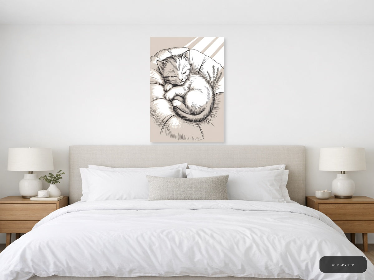 Sleeping Cat with Lavender Line Art Wall Art — A1 / Bedroom