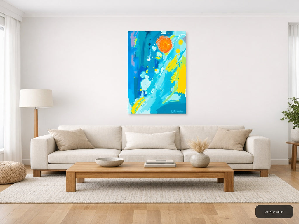 Abstract Blue Sky with Orange Sun & Planets Wall Art — A1 / Living Room