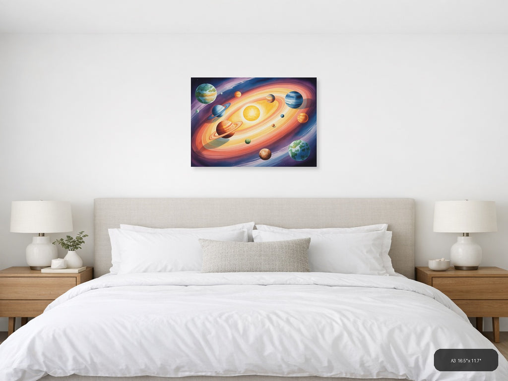 Solar System Planets Watercolor Landscape Wall Art — A3 / Bedroom