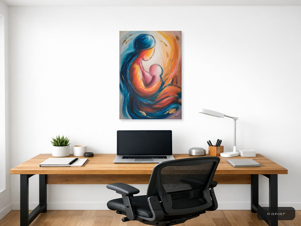 Abstract Mother and Child Embrace Blue Orange Wall Art — A1 / Office