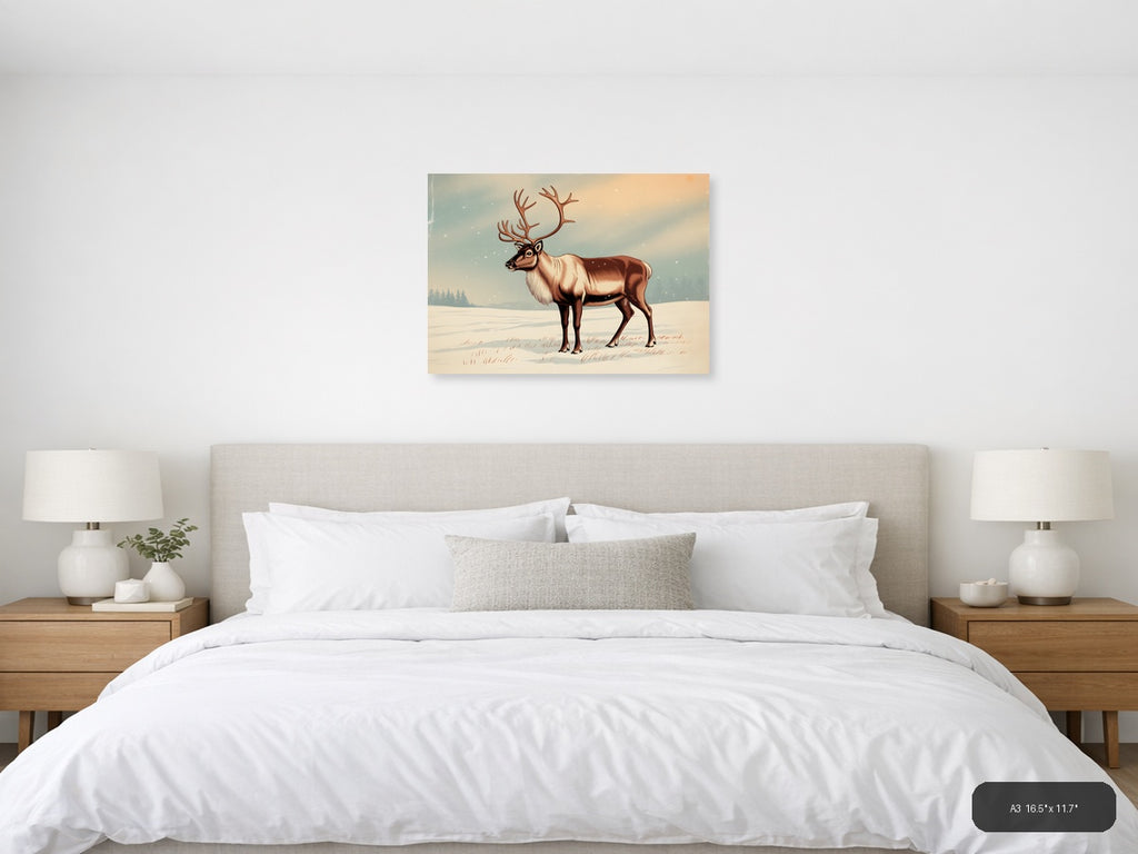 Vintage Reindeer in Snow Landscape Wall Art — A3 / Bedroom