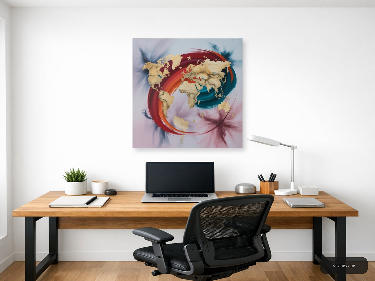 Abstract World Map with Red & Teal Flow Wall Art — A1 / Office