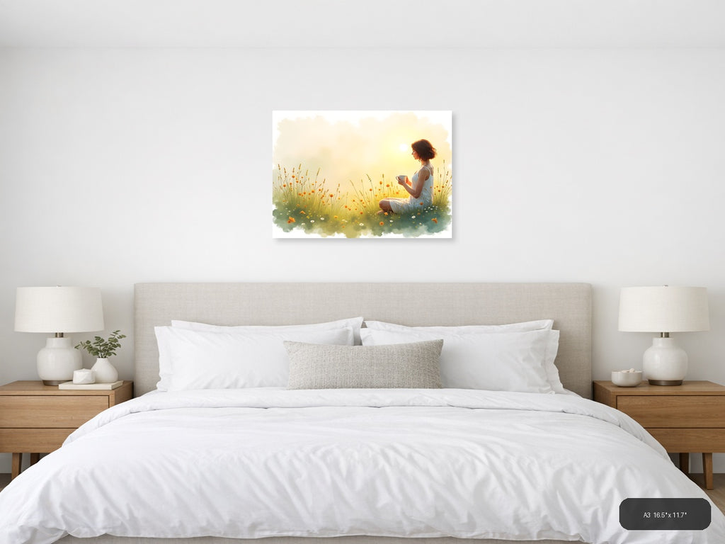 Woman in Wildflower Field at Sunrise Watercolor Wall Art — A3 / Bedroom