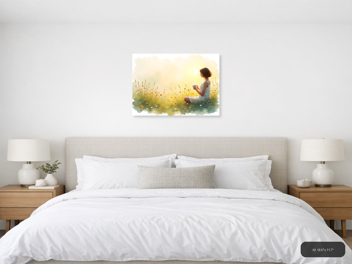 Woman in Wildflower Field at Sunrise Watercolor Wall Art — A3 / Bedroom