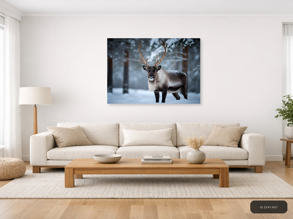 Majestic Reindeer in Snowy Forest Photography Wall Art — A2 / Living Room