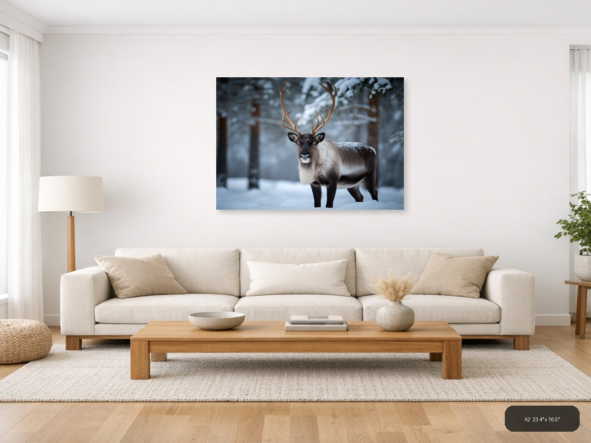 Majestic Reindeer in Snowy Forest Photography Wall Art — A2 / Living Room