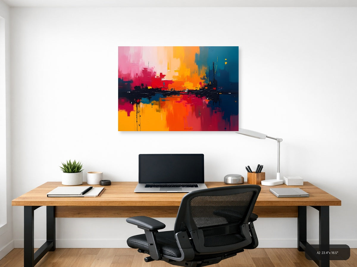 Vibrant Abstract Cityscape Sunset Reflection Wall Art — A2 / Office