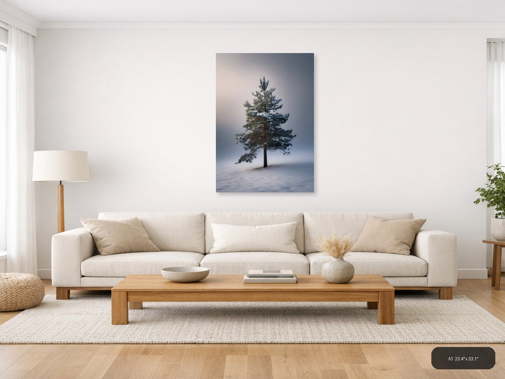 Solitary Pine Tree in Snow - Winter Photography Wall Art — A1 / Living Room