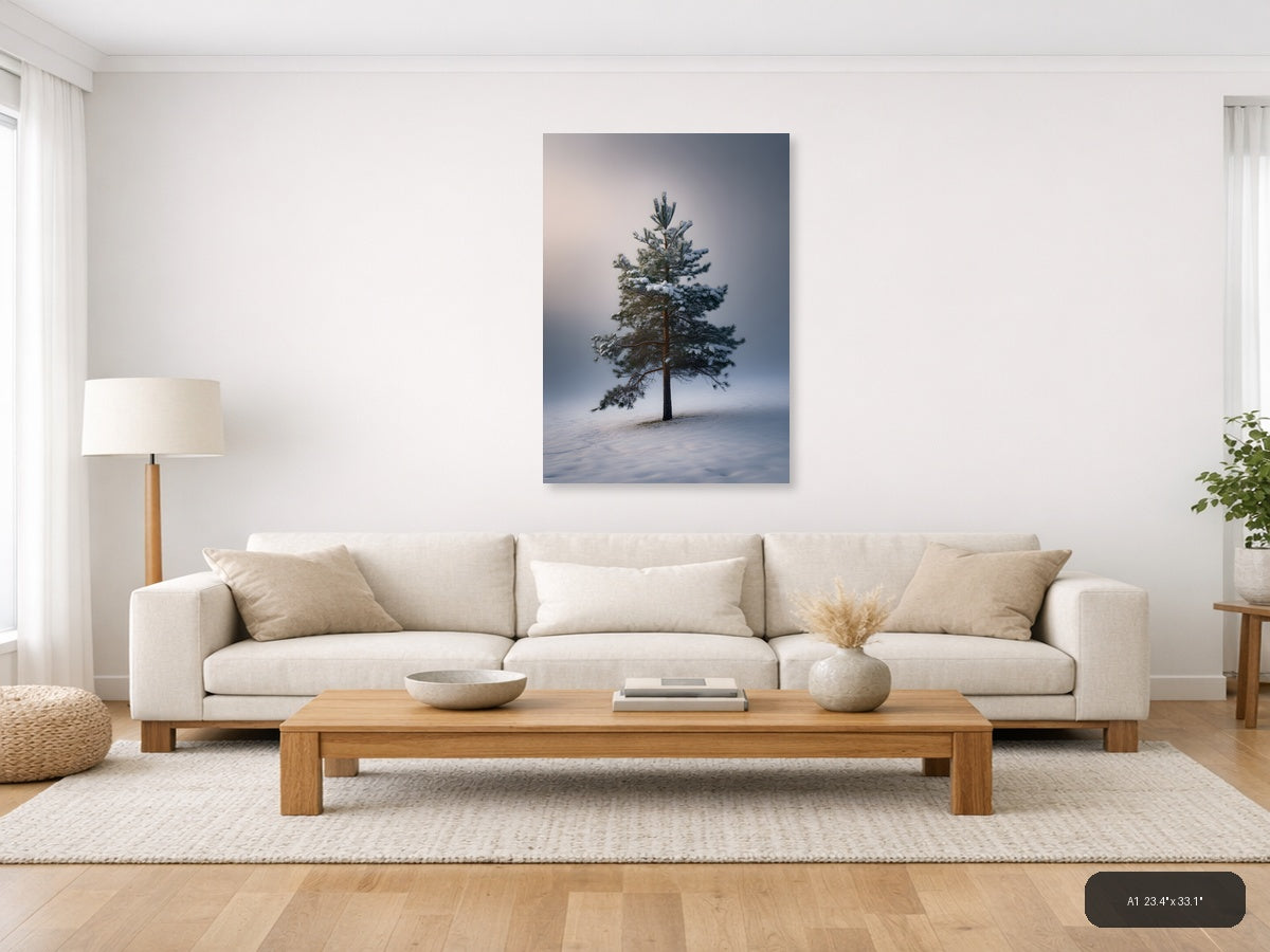 Solitary Pine Tree in Snow - Winter Photography Wall Art — A1 / Living Room