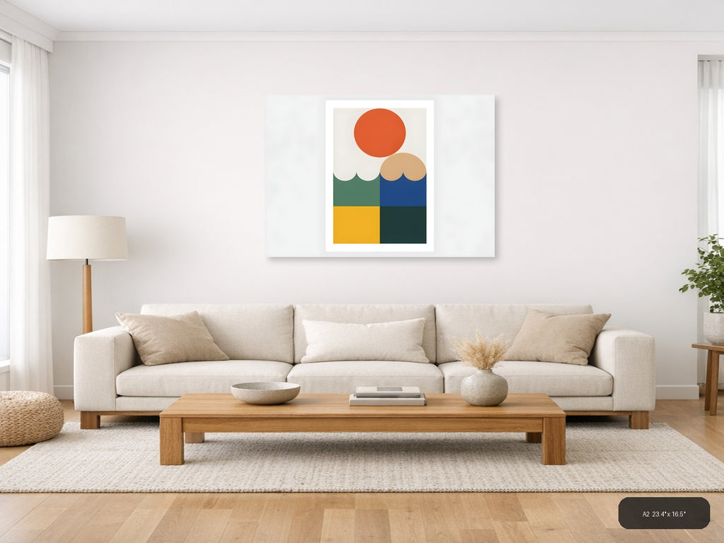 Minimalist Geometric Landscape with Sun and Water Wall Art — A2 / Living Room