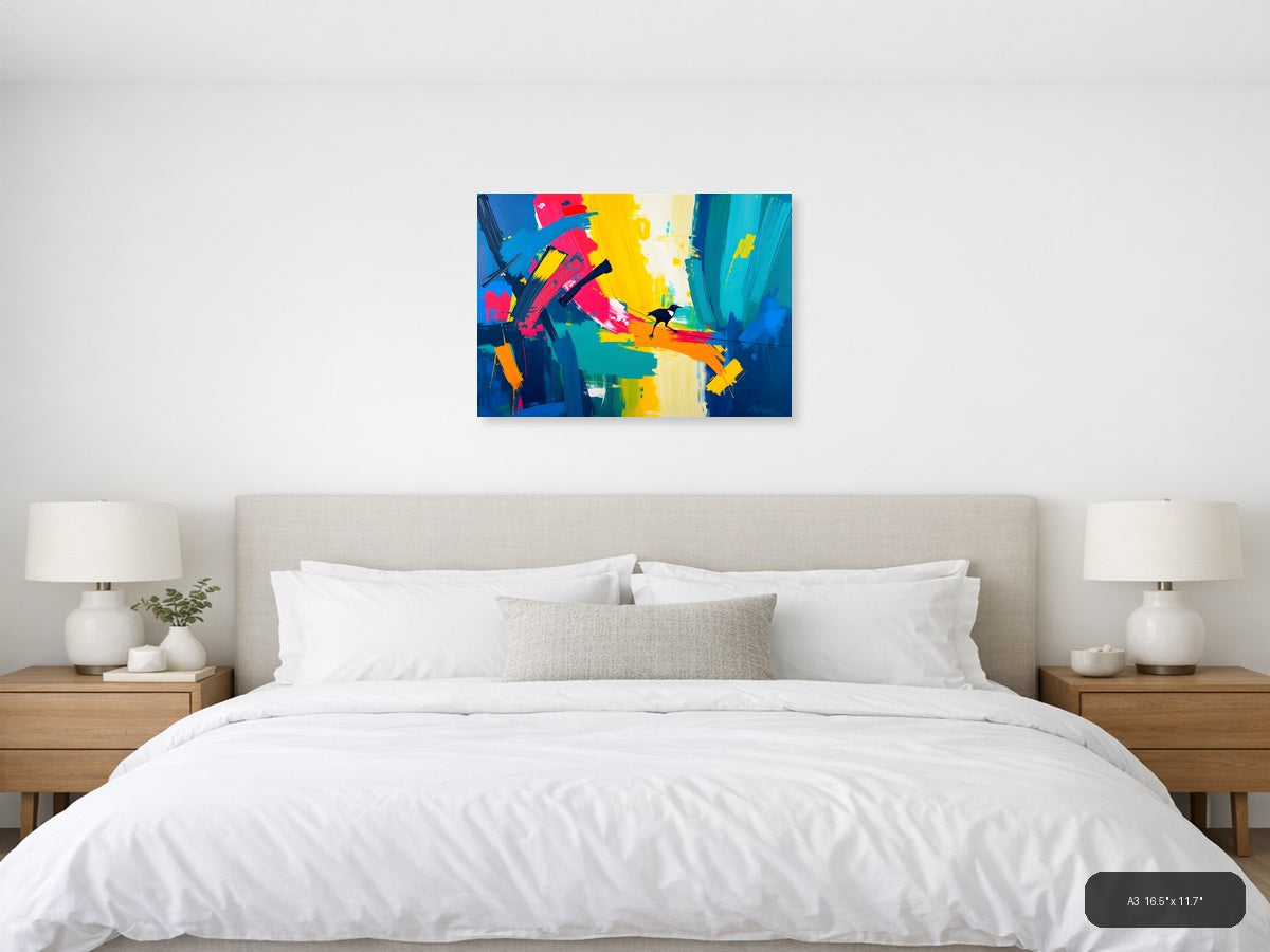 Colorful Abstract Bird on Rainbow Brushstrokes Wall Art — A3 / Bedroom