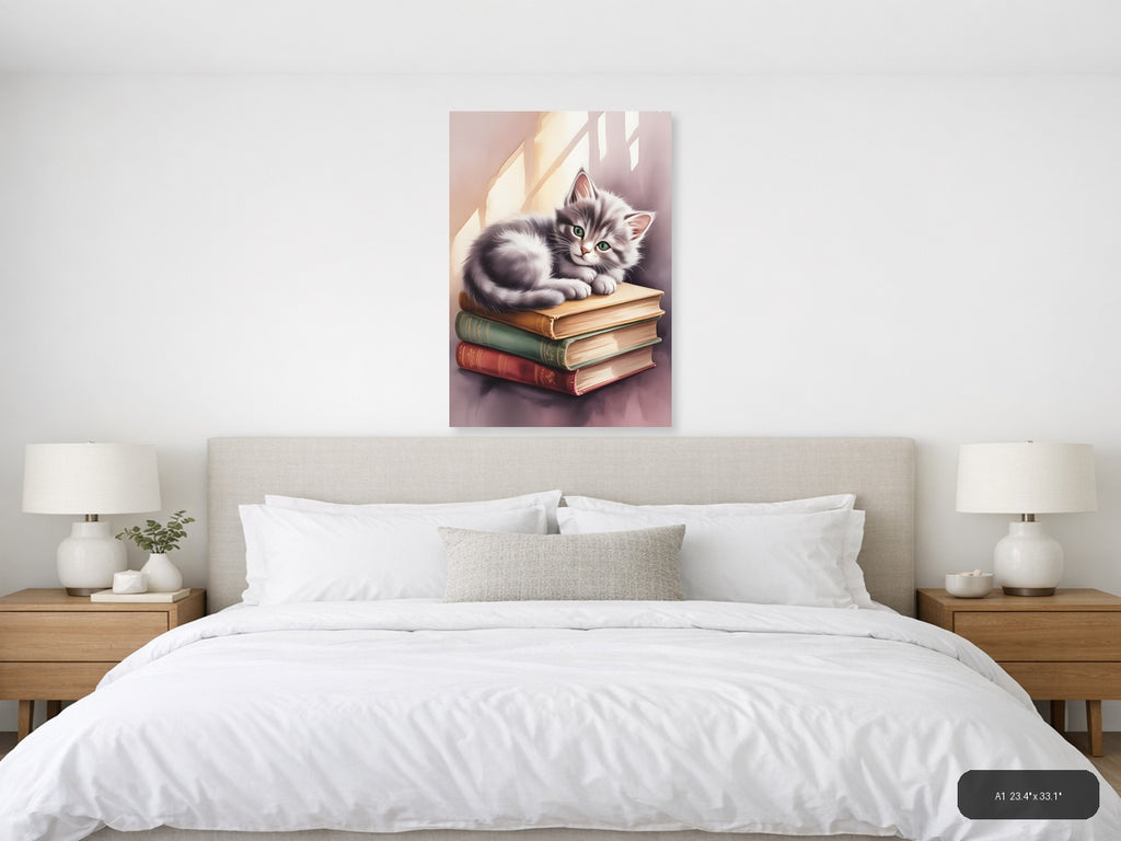 Kitten on Books Watercolor Portrait Wall Art — A1 / Bedroom