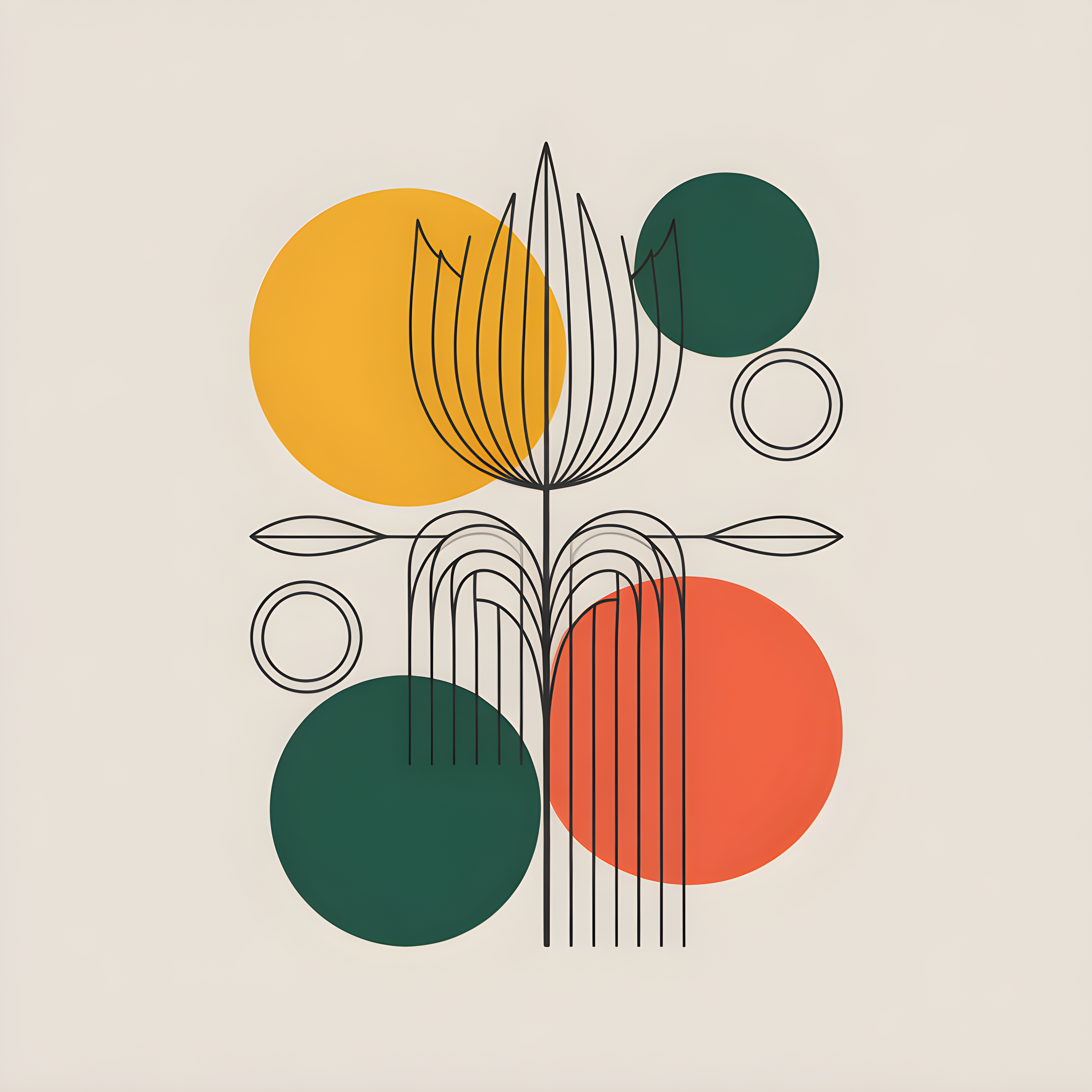 Abstract Botanical Line Art with Geometric Circles Wall Art