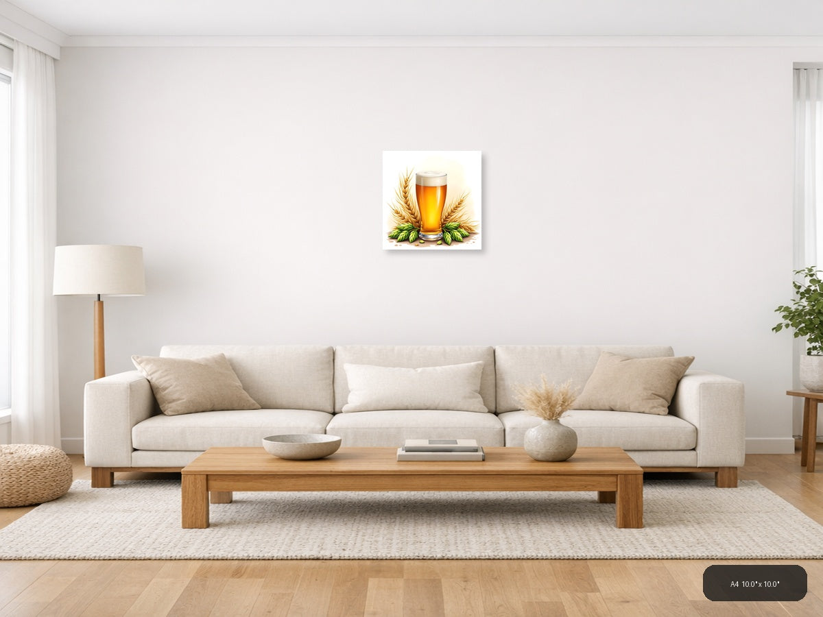 Beer Glass with Wheat and Hops Watercolor Wall Art — A4 / Living Room
