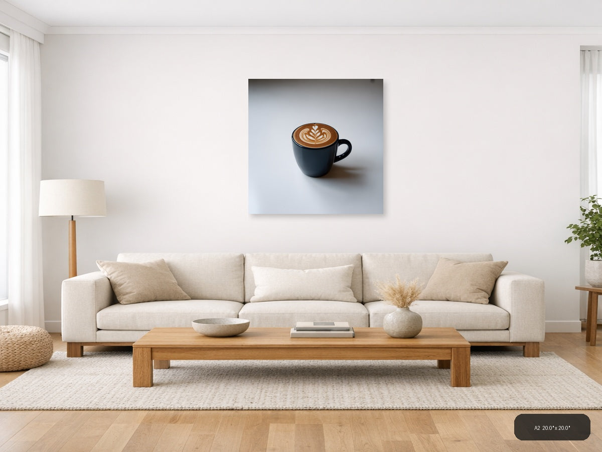 Minimalist Black Coffee Cup with Latte Art Wall Art — A2 / Living Room