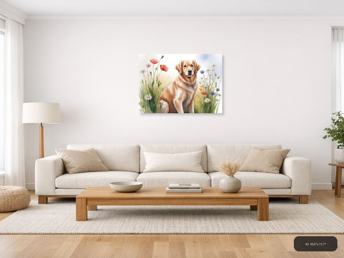 Golden Retriever in Wildflower Field Watercolor Wall Art — A3 / Living Room