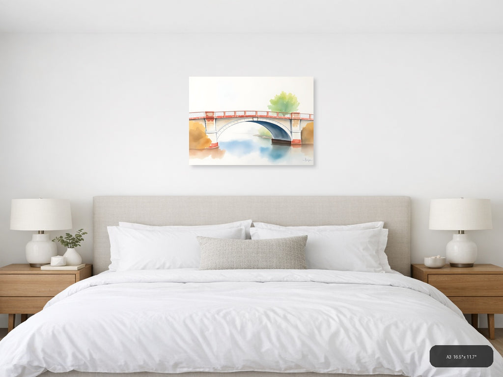 Watercolor Bridge Over Calm Water - Landscape Wall Art — A3 / Bedroom