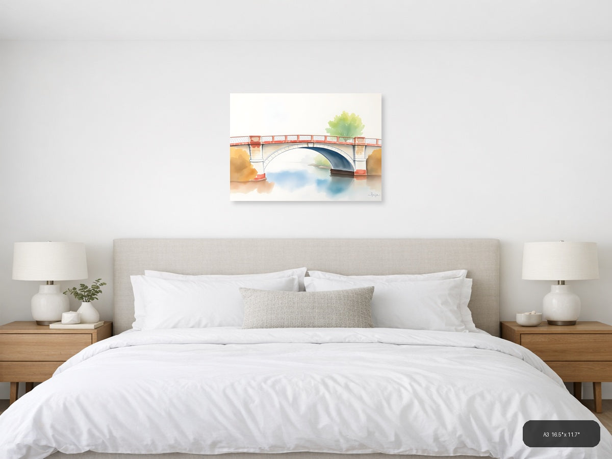 Watercolor Bridge Over Calm Water - Landscape Wall Art — A3 / Bedroom