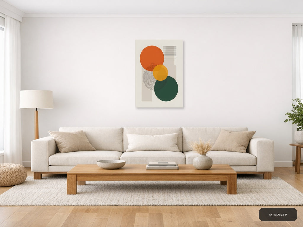 Minimalist Geometric Circles Orange Yellow Green Wall Art — A2 / Living Room