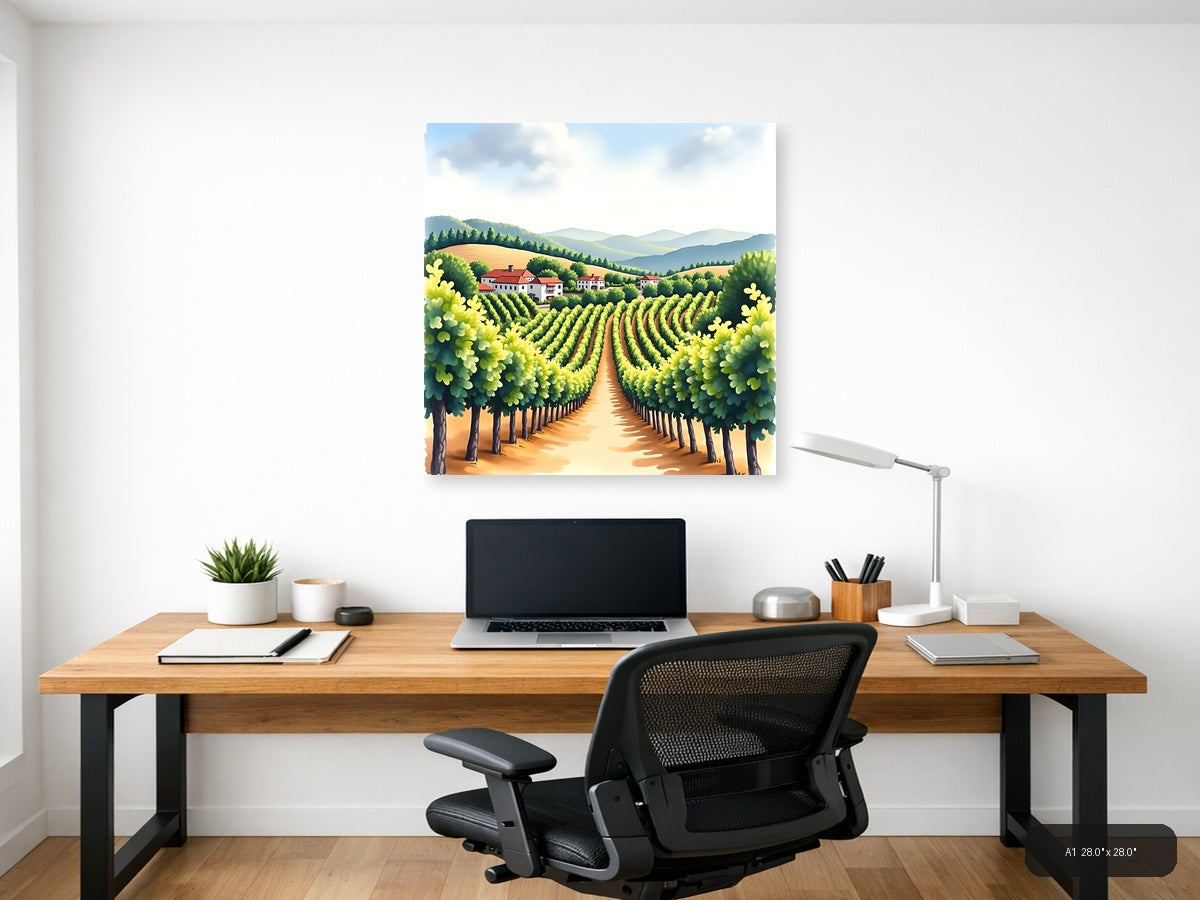 Tuscan Vineyard Watercolor Landscape Wall Art — A1 / Office