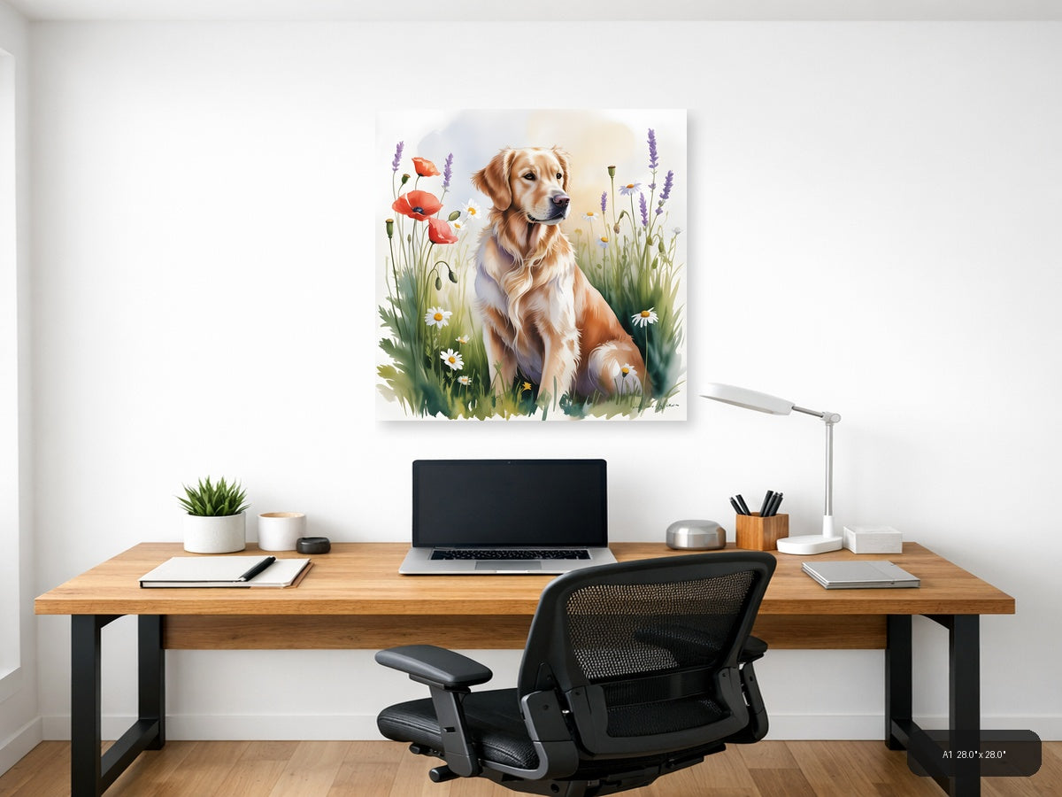 Golden Retriever in Wildflower Garden Watercolor Wall Art — A1 / Office