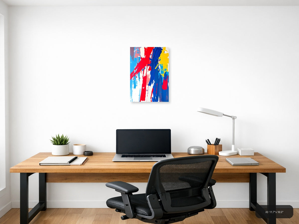 Bold Red Blue Yellow Abstract Brushstroke Wall Art — A3 / Office
