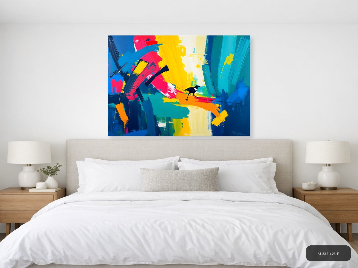 Colorful Abstract Bird on Rainbow Brushstrokes Wall Art — A1 / Bedroom