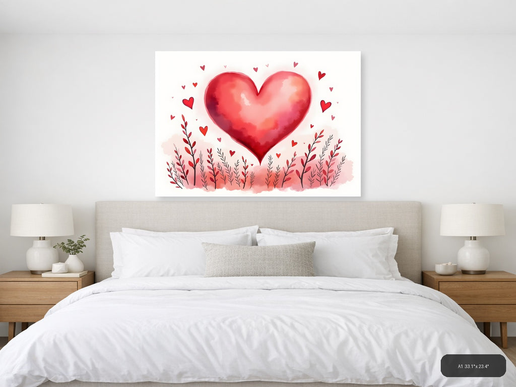 Red Watercolor Heart with Floral Field Wall Art — A1 / Bedroom