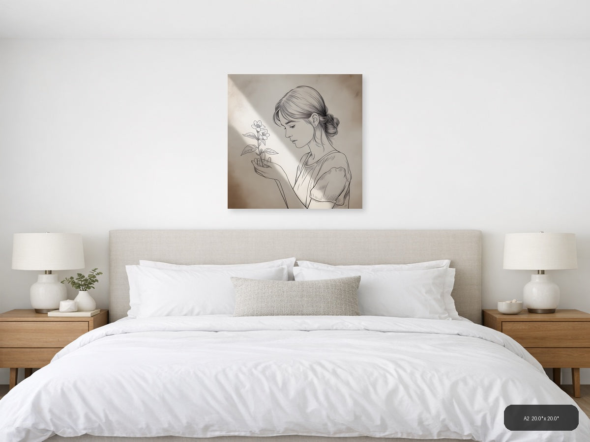 Woman with Flower Line Art Drawing Wall Art — A2 / Bedroom