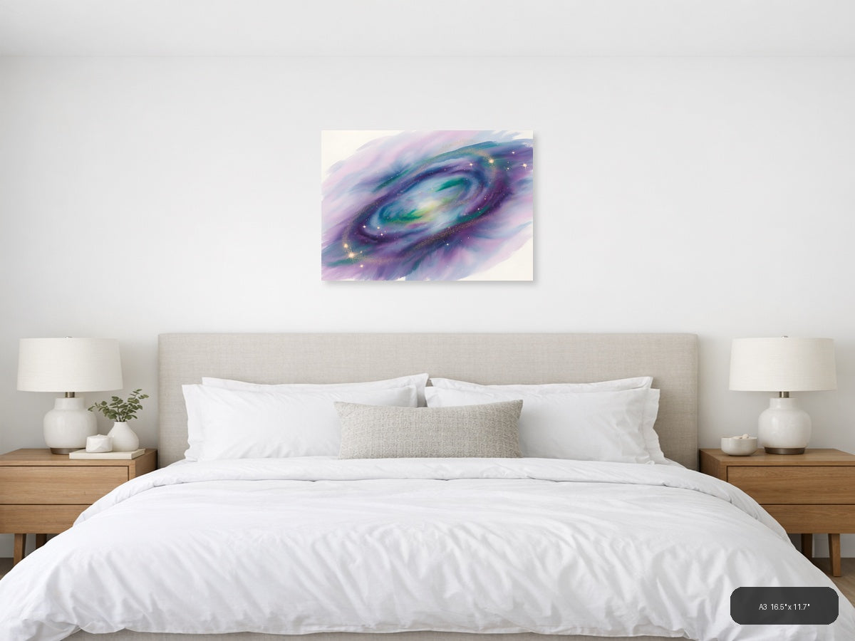 Cosmic Galaxy Watercolor Swirl Purple Green Wall Art — A3 / Bedroom