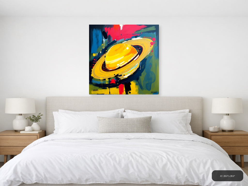 Abstract Yellow Planet with Rings - Modern Space Wall Art — A1 / Bedroom