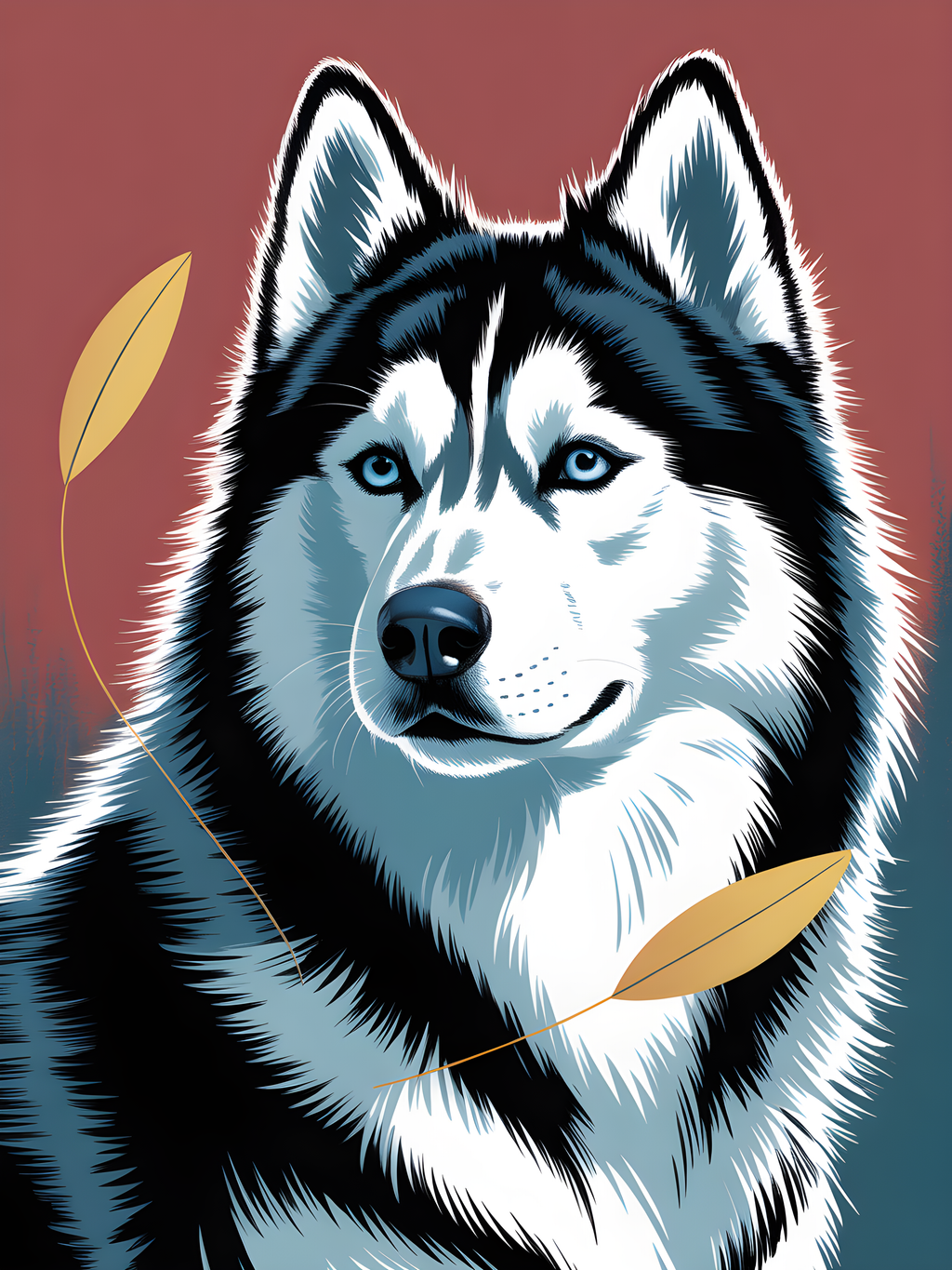 Black and White Husky Portrait with Gold Leaves Wall Art