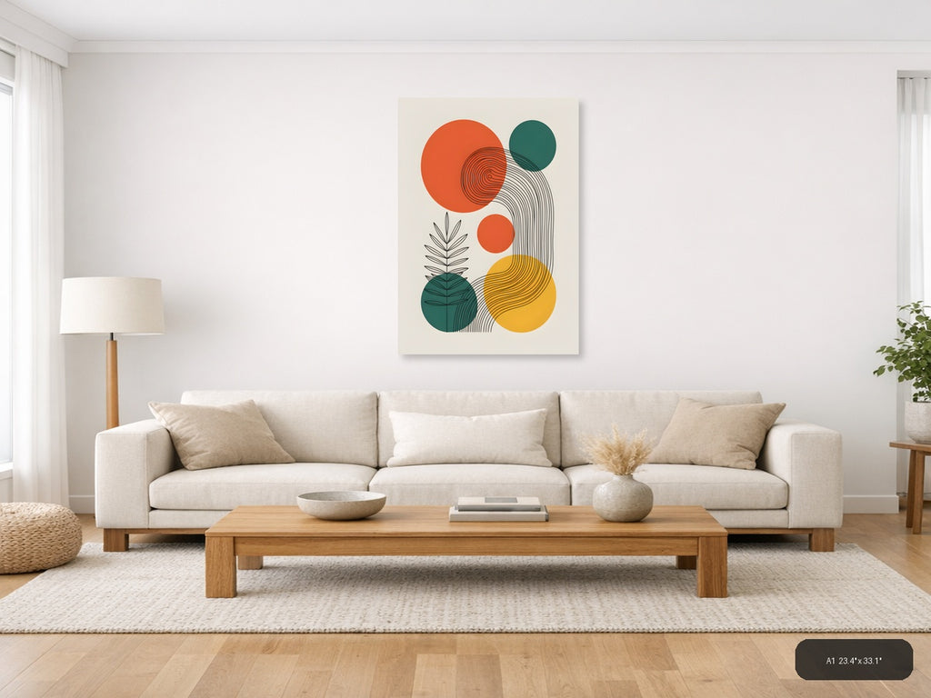 Abstract Line Art with Geometric Circles and Plants Wall Art — A1 / Living Room